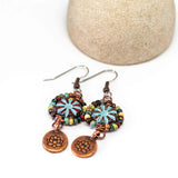 Wire Wrapped Red Blue Floral Picasso Copper Lotus Medium Earrings
