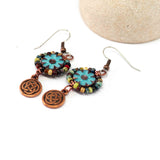Wire Wrapped Blue Floral Picasso Copper Celtic Knot Medium Earrings