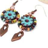 Wire Wrapped Blue Floral Picasso Copper Heart Medium Earrings