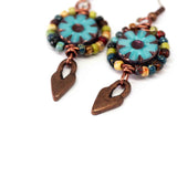 Wire Wrapped Blue Floral Picasso Copper Heart Medium Earrings