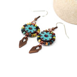 Wire Wrapped Blue Floral Picasso Copper Heart Medium Earrings