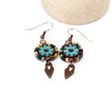 Wire Wrapped Blue Floral Picasso Copper Heart Medium Earrings