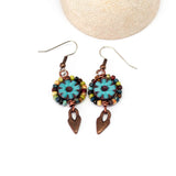 Wire Wrapped Blue Floral Picasso Copper Heart Medium Earrings