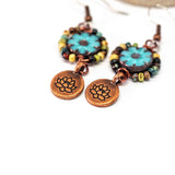 Wire Wrapped Blue Floral Picasso Copper Lotus Medium Earrings