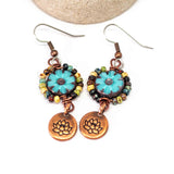 Wire Wrapped Blue Floral Picasso Copper Lotus Medium Earrings