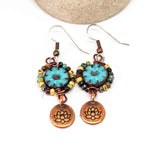 Wire Wrapped Blue Floral Picasso Copper Lotus Medium Earrings