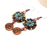 Wire Wrapped Blue Floral Picasso Copper Om Medium Earrings