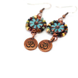 Wire Wrapped Blue Floral Picasso Copper Om Medium Earrings