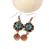 Wire Wrapped Blue Floral Picasso Copper Om Medium Earrings