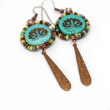 Wire Wrapped Turquoise Lotus Picasso Copper Filigree Dangle Large Earrings