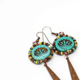 Wire Wrapped Turquoise Lotus Picasso Copper Filigree Dangle Large Earrings