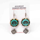 Wire Wrapped Rustic Turquoise Lotus Picasso Silver Medallion Large Earrings