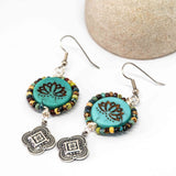 Wire Wrapped Rustic Turquoise Lotus Picasso Silver Medallion Large Earrings