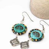 Wire Wrapped Rustic Turquoise Lotus Picasso Silver Medallion Large Earrings