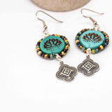 Wire Wrapped Rustic Turquoise Lotus Picasso Silver Medallion Large Earrings
