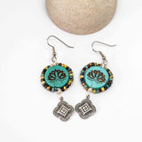 Wire Wrapped Rustic Turquoise Lotus Picasso Silver Medallion Large Earrings
