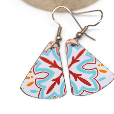 Blue Red Moroccan Recycled Metal Triangle Dangle Earrings