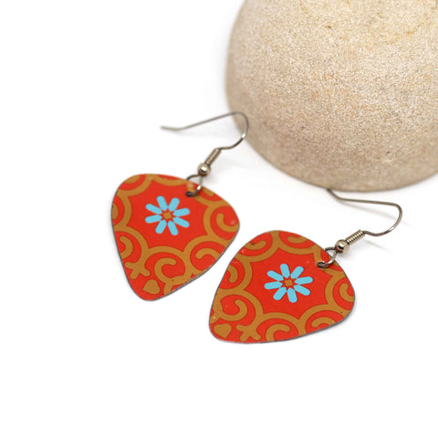 Orange Moroccan Recycled Metal Teardrop Dangle Earrings