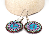 Blue Purple Turquoise Bead Stitched Round Birdie Earrings