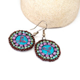 Blue Purple Turquoise Bead Stitched Round Birdie Earrings