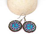 Blue Purple Turquoise Bead Stitched Round Birdie Earrings