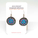 Blue Purple Turquoise Bead Stitched Round Birdie Earrings