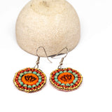 Orange Turquoise Bead Stitched Round Lotus Earrings
