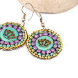 Turquoise Purple Bead Stitched Round Lotus Earrings