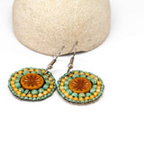 Orange Turquoise Bead Stitched Round Star Earrings