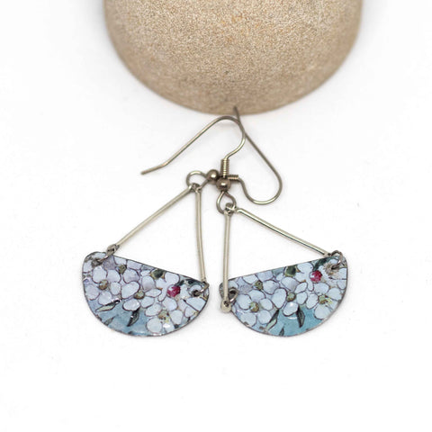 White Floral Recycled Metal Half Moon Dangle Earrings