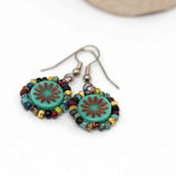 Wire Wrapped Turquoise Green Copper Aster Star Copper Earrings