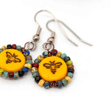 Wire Wrapped Marigold Yellow Bronze Bee Copper Earrings
