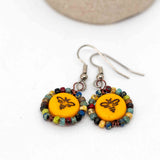 Wire Wrapped Marigold Yellow Bronze Bee Copper Earrings