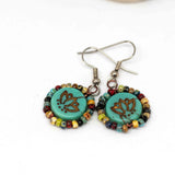 Wire Wrapped Turquoise Green Bronze Lotus Copper Earrings