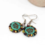 Wire Wrapped Turquoise Green Bronze Lotus Copper Earrings