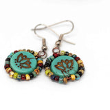 Wire Wrapped Turquoise Green Bronze Lotus Copper Earrings