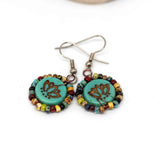 Wire Wrapped Turquoise Green Bronze Lotus Copper Earrings