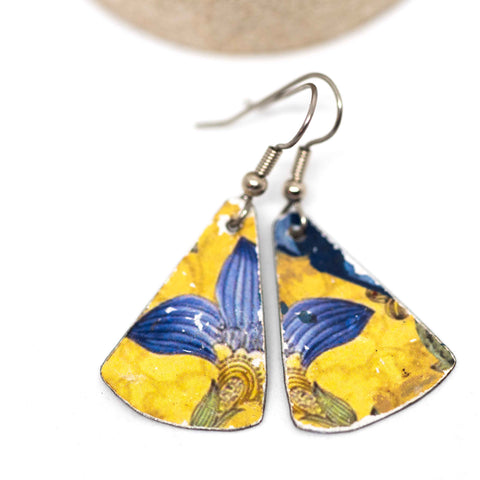 Blue Yellow Floral Recycled Metal Triangle Dangle Earrings
