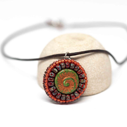 Embroidered Green Orange Fossil Bead Stainless Steel Leather Necklace