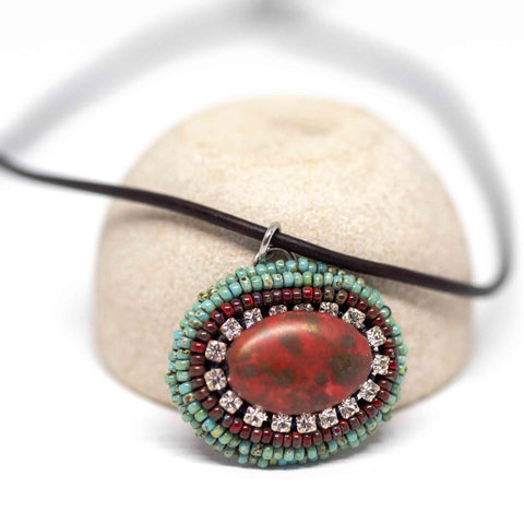 Embroidered Orange Turquoise Sparkle Oval Stainless Steel Leather Necklace