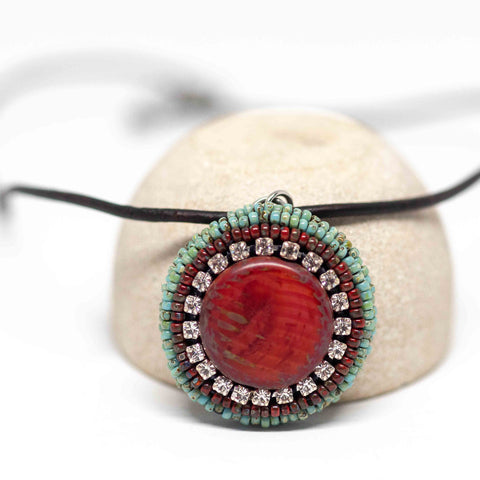 Embroidered Orange Sparkle Round Stainless Steel Leather Necklace