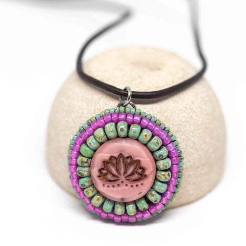 Embroidered Pink Turquoise Lotus Bead Stainless Steel Leather Necklace