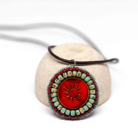 Embroidered Tribal Orange Red Turquoise Sun Stainless Steel Leather Necklace