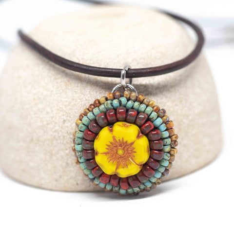 Embroidered Small Yellow Flower Stainless Steel Leather Necklace