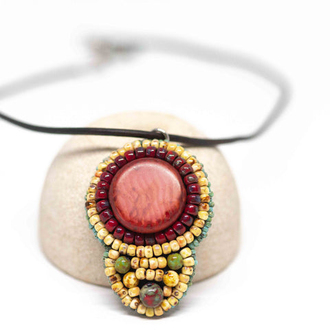 Embroidered Tribal Shield Stainless Steel Leather Necklace
