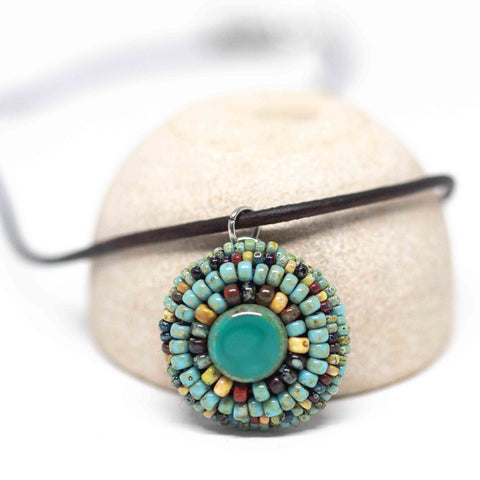 Embroidered Turquoise Green Picasso Circle Stainless Steel Leather Necklace