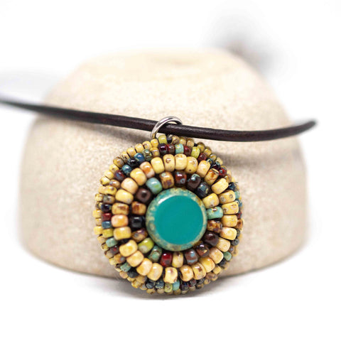 Embroidered Yellow Picasso Circle Stainless Steel Leather Necklace