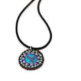 Blue Pink Bead Stitched Round Birdie Stainless Steel Necklace