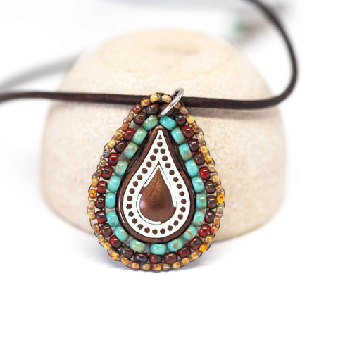 Large Teardrop Boho Picasso Bead Stitched Stainless Steel Necklace