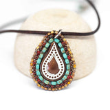 Large Teardrop Boho Picasso Bead Stitched Stainless Steel Necklace